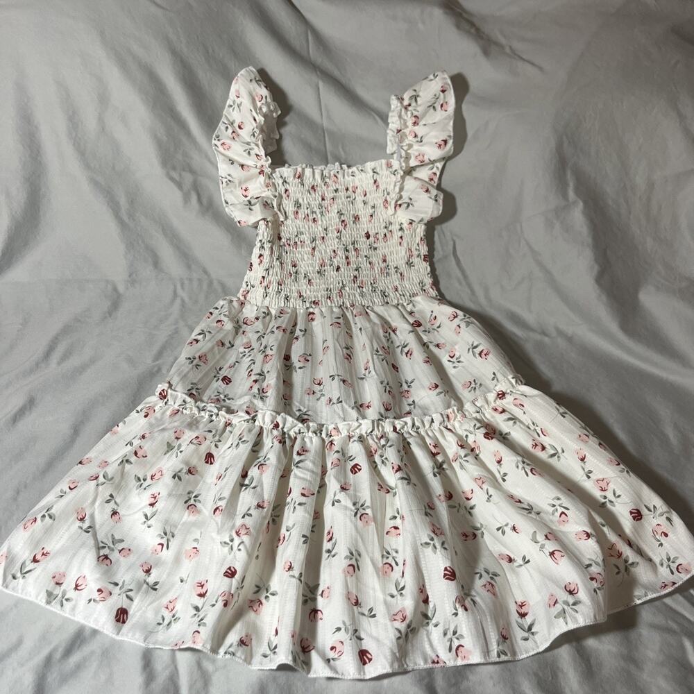 SHEIN Ivory Girls Sun Dress Smocked 7 Pink Red Flowers